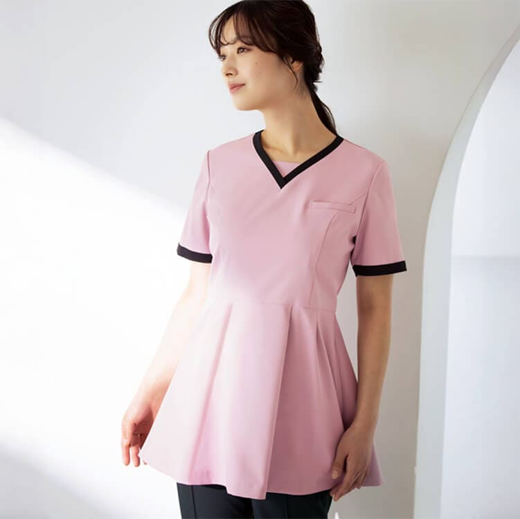 【エステ制服 チュニック】ストレッチ「透け防止」SEK制菌・工業洗濯可・制電・防汚 S～4L / 三色 