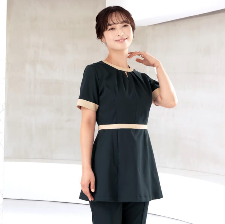 【エステ制服 チュニック】ストレッチ「透け防止」SEK制菌・工業洗濯可・制電・防汚 S～4L / 二色