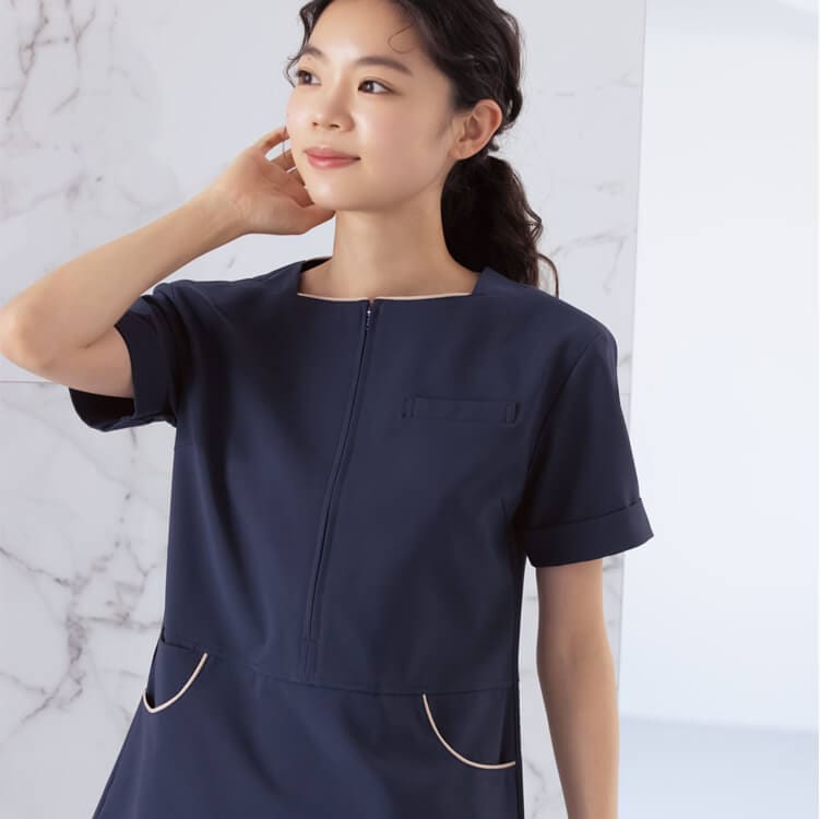 【プルオーバー半袖】ストレッチ「パイピング」SEK制菌・工業洗濯可・透け防止・吸汗制電 S～4L 3色 / エステサロン白衣