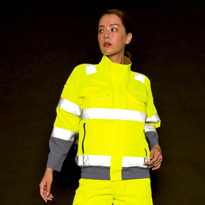 【空調風神服フルセット】男女兼用・高視認性安全作業服「長袖ブルゾン＆ファンバッテリー24V」反射リフレクター付き S～6L / 全2色 