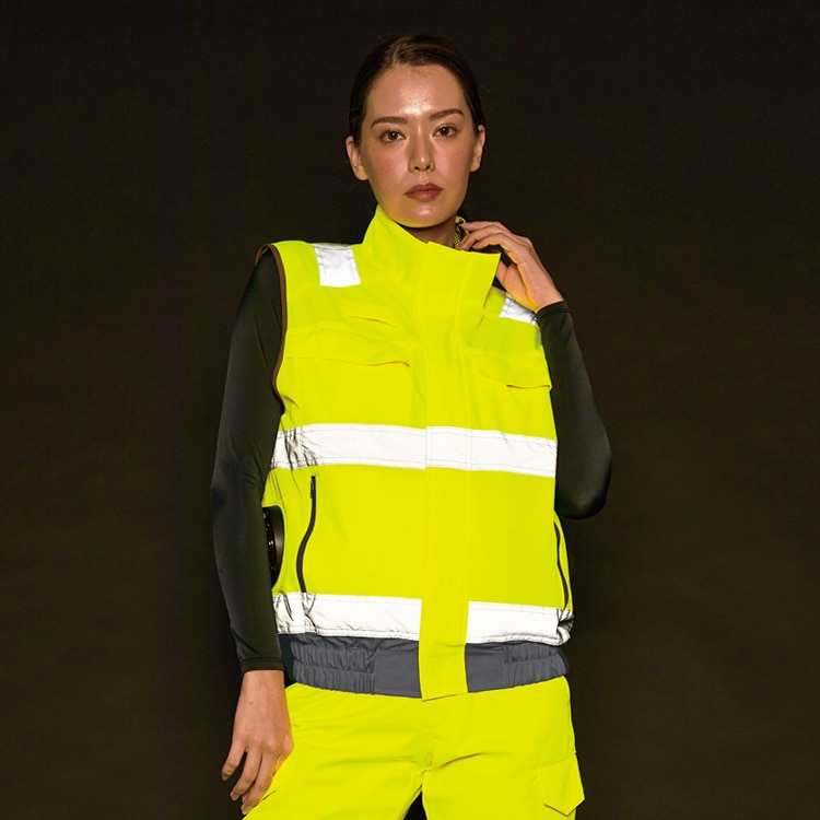 【空調風神服フルセット】男女兼用「高視認性安全服ベスト＆ファンバッテリー24V」サイドファン・反射リフレクター付き　S～6L / 全2色 