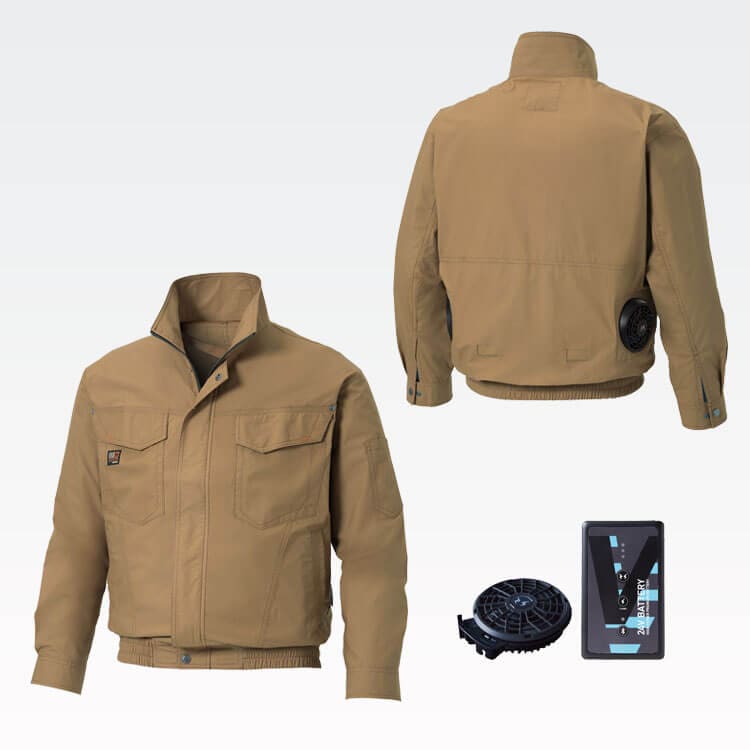 【空調風神服24Vセット 綿100％】男女兼用・保冷剤ポケット付き「スマホで１V単位の風量調整できる」S～8L 全3色 /ファン付き作業服