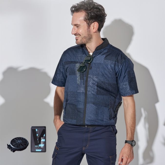 【空調風神服24Vセット】スマホで1V単位調整できる「半袖ブルゾン＆ファンバッテリー」遮熱  S～5L ５色 /ファン付き作業着