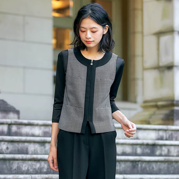 【企業受付制服ベスト】オールシーズン「チェック柄」ストレッチ・家庭洗濯可 5～17号/ マリークワント