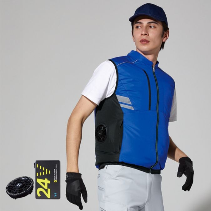 【空調風神服24Vセット】熱中症対策ウェア・風量3段切り替え「ベスト＆ファンバッテリー」UVカット M～5L 3色/ファン付きウェア