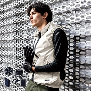 【空調服25Vセット】保冷剤ポケット付き・サイドファン「綿100％ベスト＆バッテリーファン」フード付き S～5L 3色/ファン付き作業着