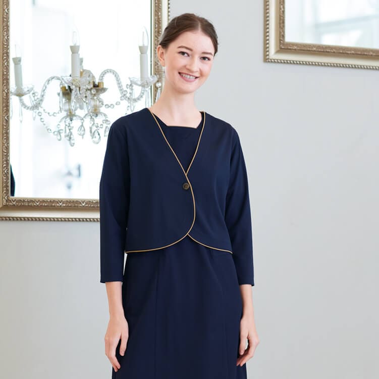 【カーディガン ボレロタイプ】防汚「ニットストレッチ素材」SEK制菌・制電 S～EL ネイビー色 / ビューティーサロン制服