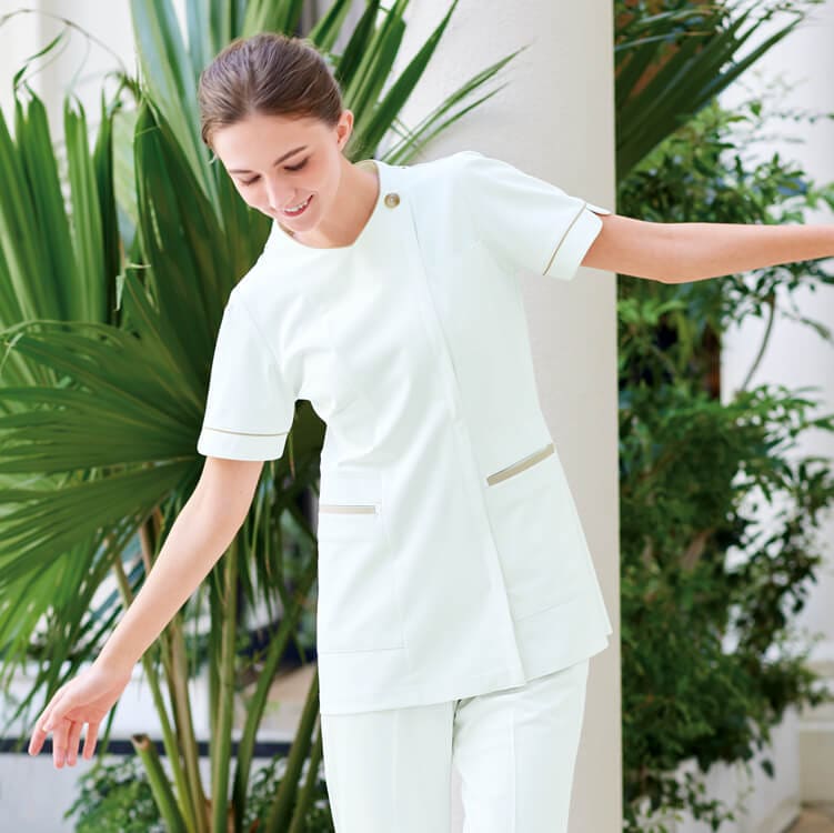 【エステ制服 チュニック】清涼素材「ワープニット ストレッチ」SEK制菌・制電防汚・吸水 S～EL 3色 / ビューティーサロンユニフォーム