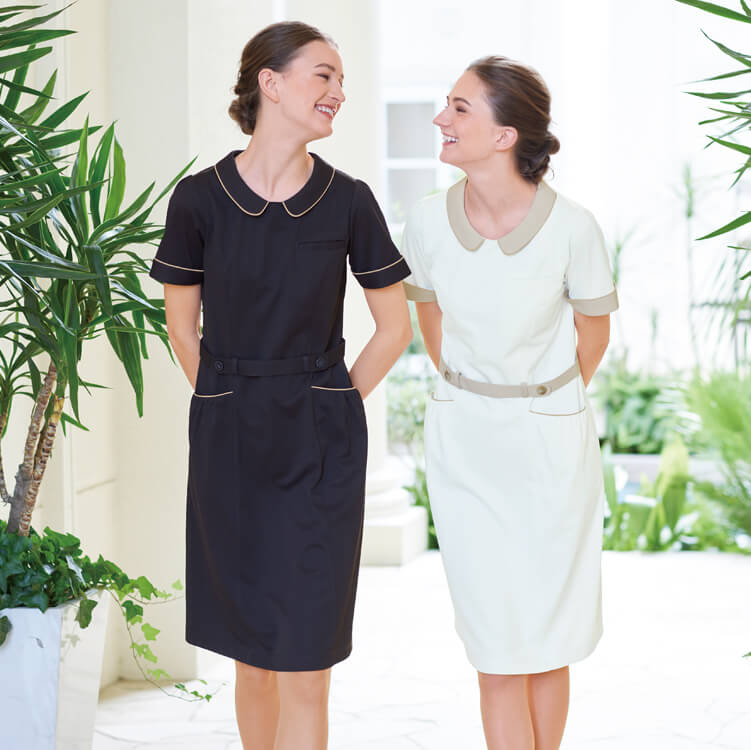 【エステユニフォーム ワンピース】清涼素材「SEK制菌＆防汚」透け防止・ストレッチ S～EL 2色 / ビューティーサロン受付制服