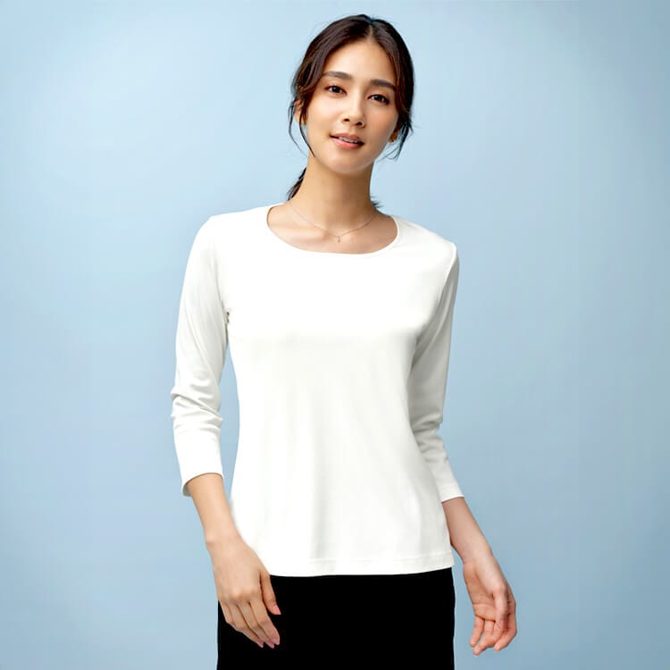 【カットソー七分袖 レディース用】ニットストレッチ・吸汗速乾・消臭・透け防止 5～19号 ネイビー・ブラック・ホワイト