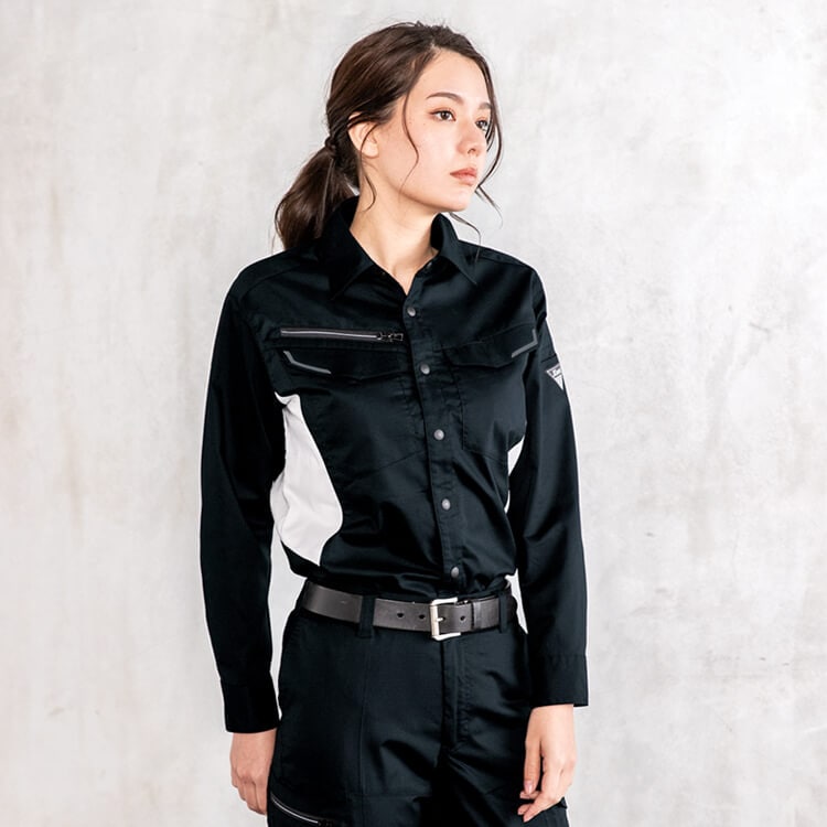 【作業着長袖シャツ 夏用】男女兼用・ストレッチ「植物由来バイオペット素材」JIS T8118帯電防止 SS～5L 5色 / 作業ユニフォーム