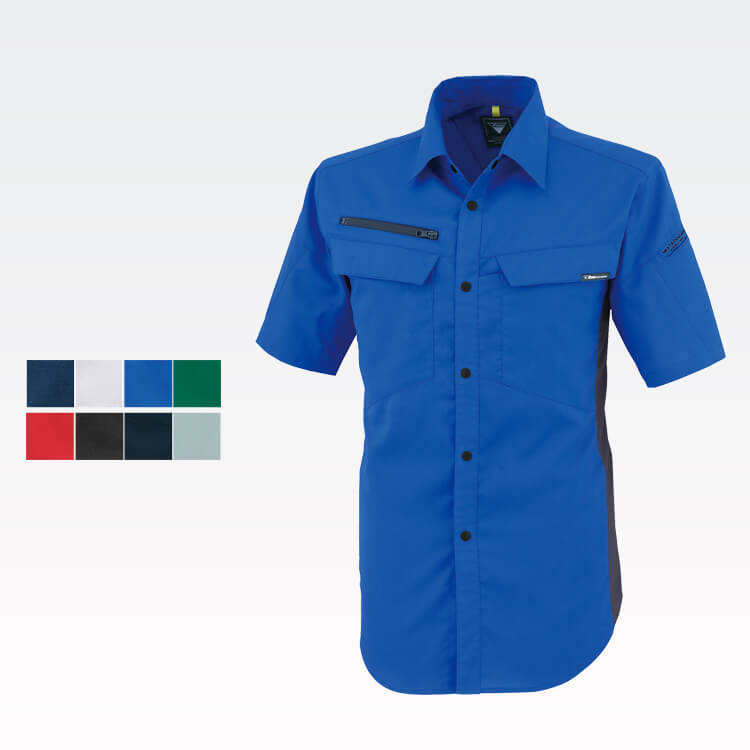 【半袖シャツ作業着】男女兼用・ストレッチ「カラー豊富8色展開」ECOマーク認定・JIS T8118帯電防止・SS～5L 8色 / 会社ユニフォーム