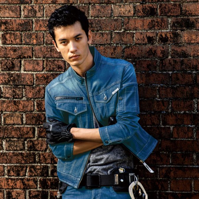 【作業着ブルゾン メンズ】夏服・ストレッチ「デニム素材」 接触冷感 S～5L インディゴブルー / 作業ユニフォーム  (GIB2814)