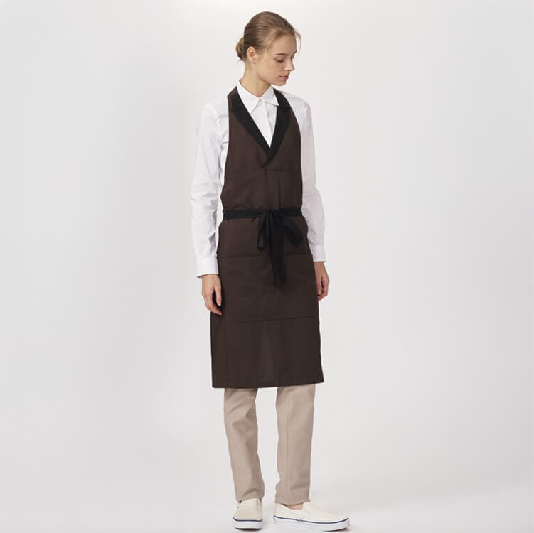 【襟付きエプロン】エコ素材「コーヒーのかすを使用した再生繊維」フリーサイズ・ブラウン ブラック色 / 飲食ユニフォーム