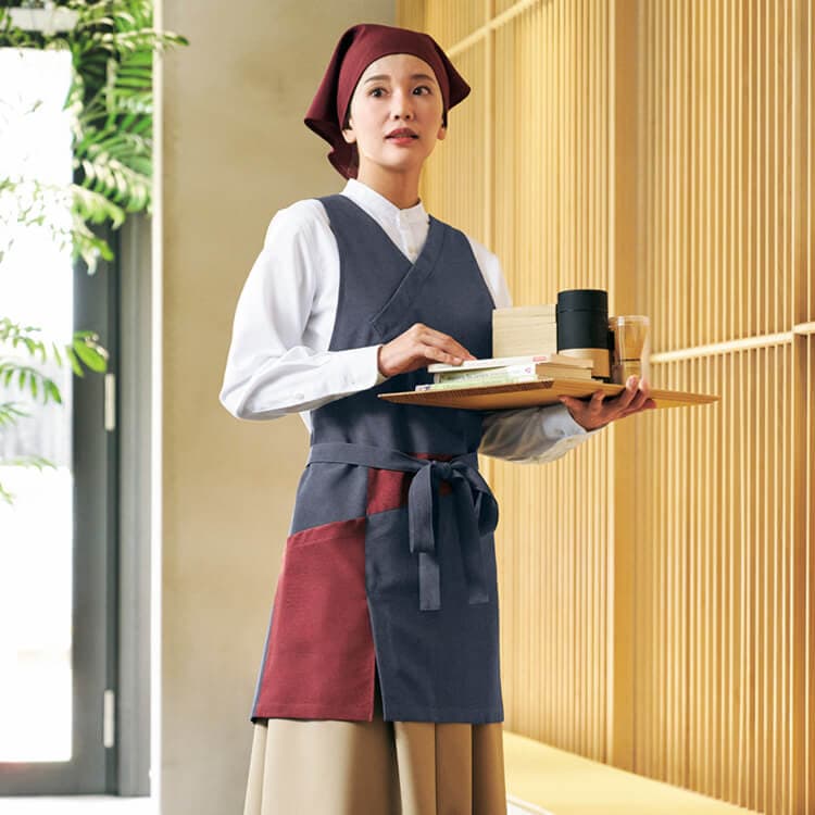 【業務用エプロン胸付き】「伝票が入る大きめポケット」フリーサイズ 4色 / 和風ユニフォーム