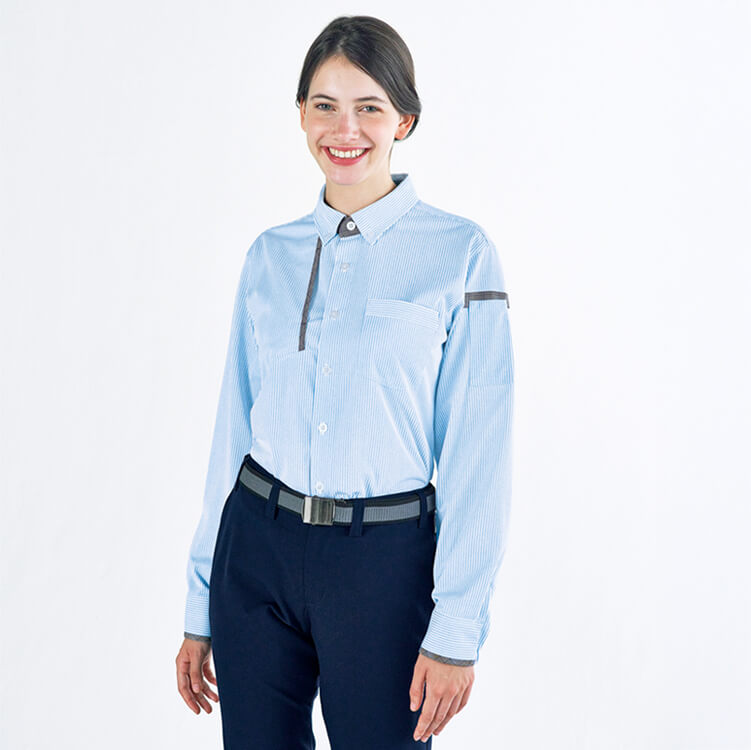 【清掃員制服 長袖シャツ】男女兼用・ストレッチ「快適ニット素材」制電 3色 SS～4L / ビルメンテナンスユニフォーム