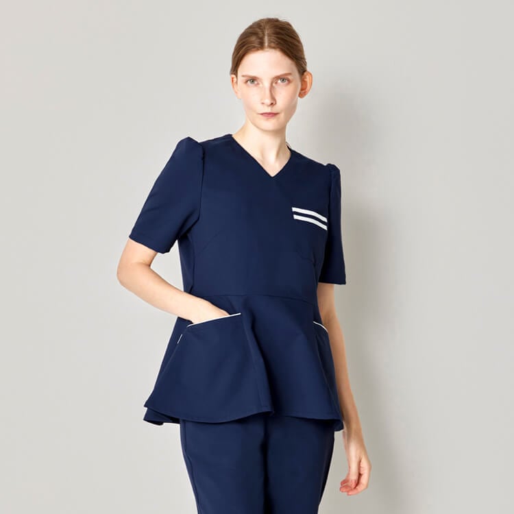 【医療用スクラブ レディース】「SEK制菌＆ストレッチ」工業洗濯対応 SS～3L ネイビー ブラック色 / ナースウェア