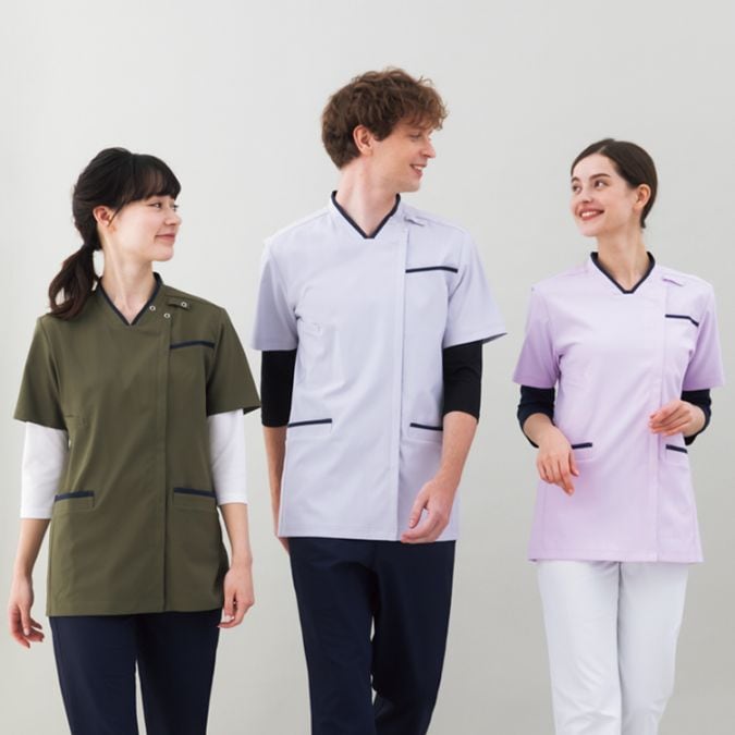 【医療用ユニフォーム 男女兼用】Vネック「ストレッチ＆透け防止」工業洗濯可・制菌制電・防汚 SS～5L 5色 / ナースウェア