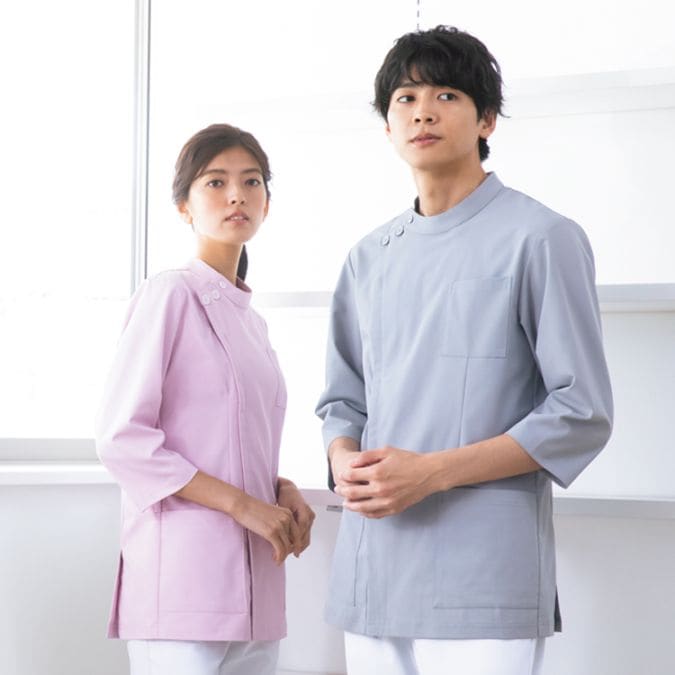 【ケーシー白衣 七分袖】男女兼用・ストレッチ「透け防止＆吸汗」SEK制菌・工業洗濯可・制電  SS～5L 6色 / ナースウェア