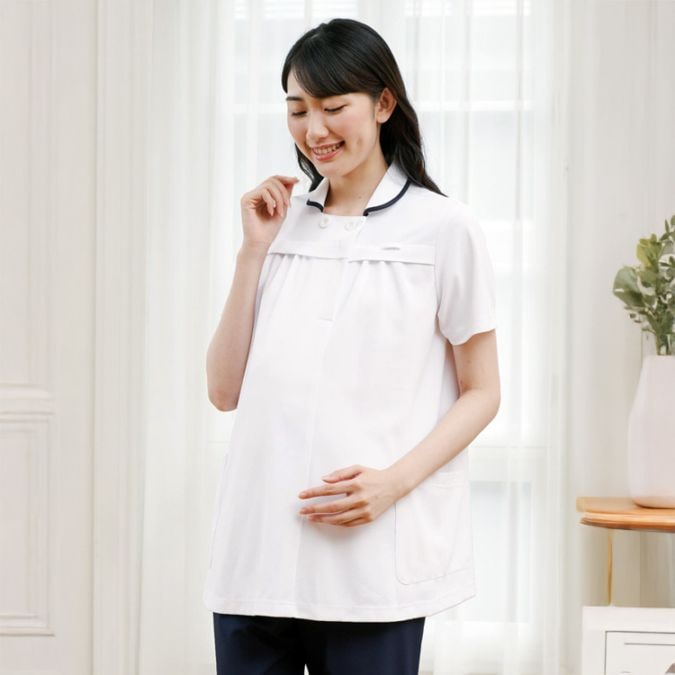 【白衣マタニティ】半袖ジャケット「SEK制菌＆ストレッチ」工業洗濯可・透け防止・吸汗制電  M～L 2色 / 医療ユニフォーム