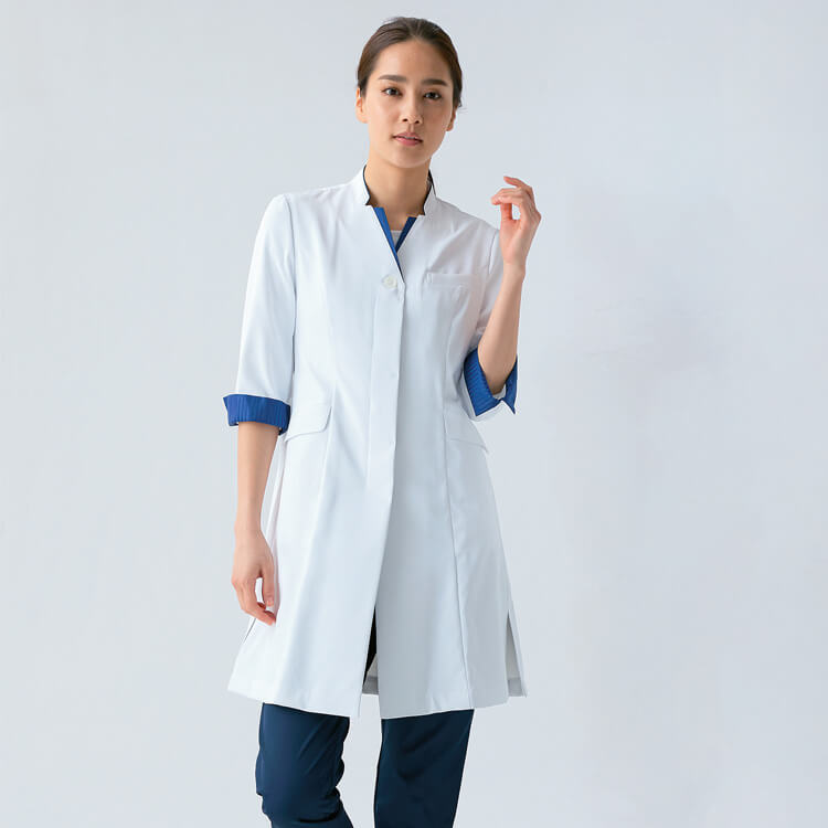 【ドクターコート七分袖 レディース】シングル「立ち衿」防汚加工 S～3L 1色 / 診察白衣 女性用