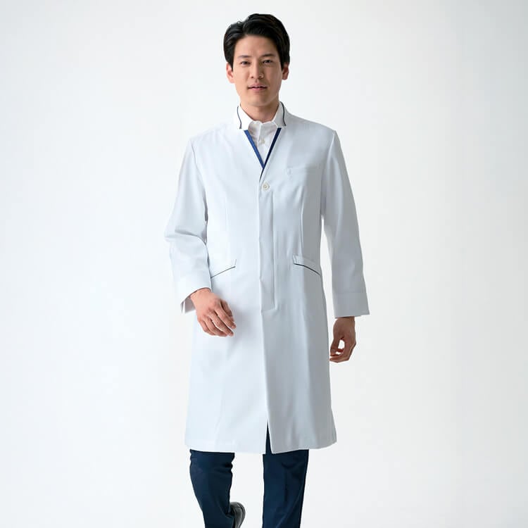 【ドクターコート メンズ】シングル「ネイビー配色デザイン」制菌・吸汗 S～3L 1色 / 診察白衣