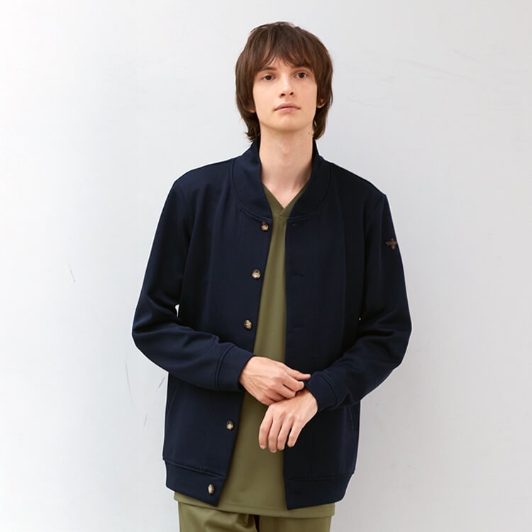 【看護師カーディガン メンズ】ニット素材「両腰ポケット付き」制菌 M～LL  ネイビー色  医師防寒着 / 医療ユニフォーム