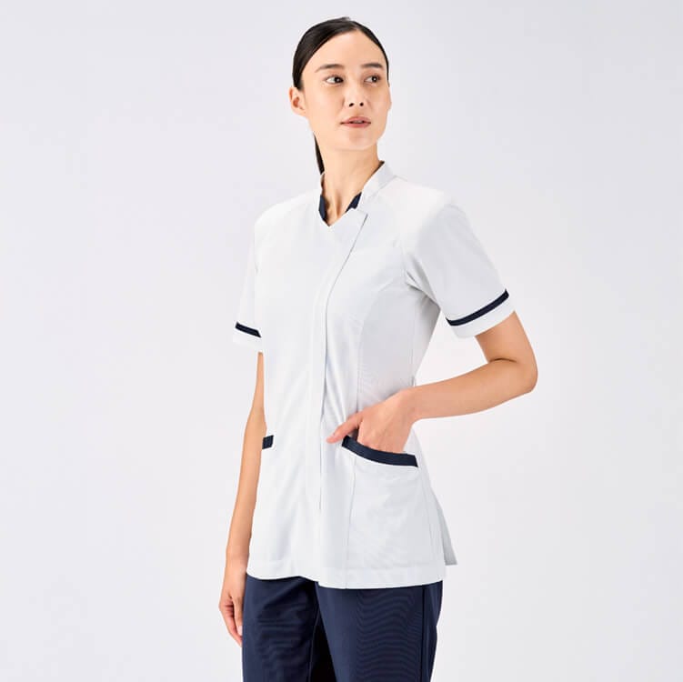 【ナースウェア】レディース・ストレッチ「スタンドカラー」防汚加工 S～3L 4色 / 医療白衣ユニフォーム