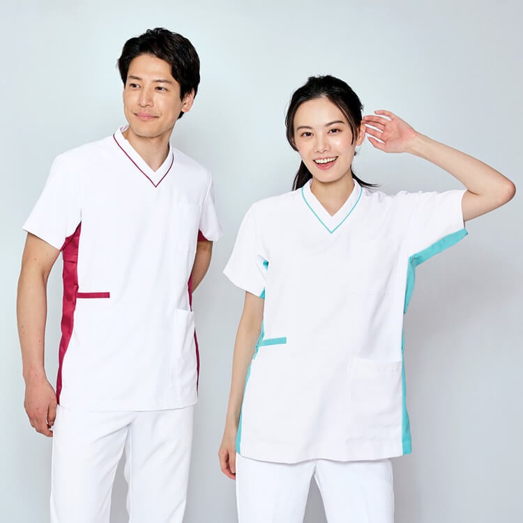 【スクラブ白衣 男女兼用】吸汗速乾「両脇ループ付き」透け防止 SS～9L 4色 / 医療白衣ユニフォーム