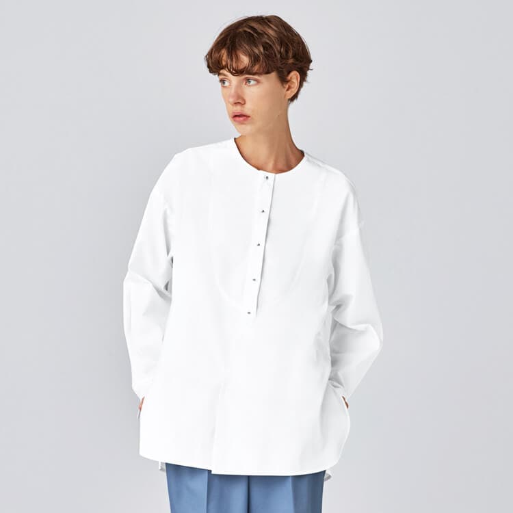 【飲食店ユニフォーム シャツ長袖】男女兼用「ノーカラーデザイン」防汚・3S～3L 4色 / 販売員制服 (CHIRW0001)