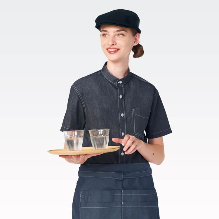 【ダンガリーシャツ半袖 男女兼用】SS～4L 3色  カフェ制服 / 飲食店ユニフォーム (CHIEP8905)