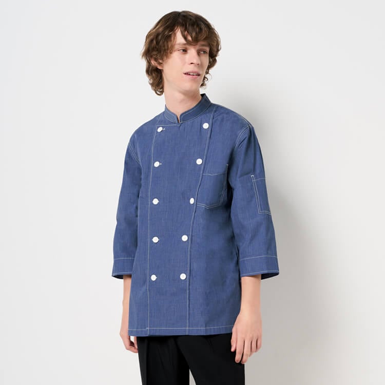【コックシャツ七分袖 男女兼用】「ダンガリー生地」SS～4L 3色 パン屋制服 / レストランユニフォーム