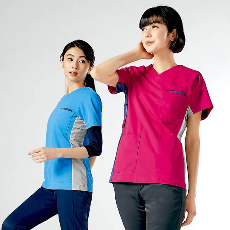 【医療スクラブ】男女兼用「汗染み防止素材」SS～9L 2色 看護白衣/医療用ユニフォーム