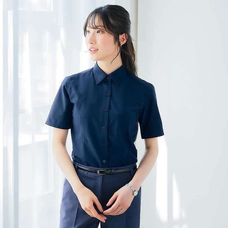 予約販売受付中！【半袖ブラウス レディース】ノーアイロン「吸汗速乾」5～23号 ネイビー ブラック色 / オフィスユニフォーム