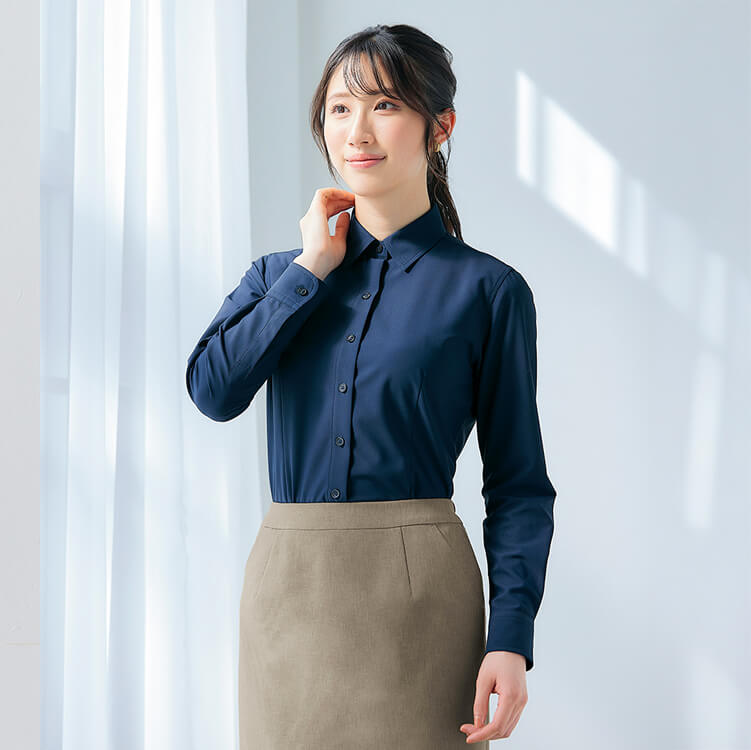 予約販売受付中！【オフィスブラウス 長袖】ノーアイロン「ストレッチ＆防汚」5～23号 ネイビー ブラック色 / オフィスユニフォーム