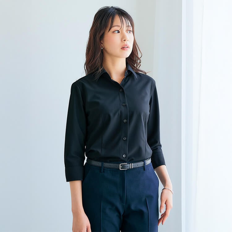 【オフィスブラウス 七分袖】ノーアイロン「吸汗速乾 ニット素材」5～23号 ネイビー ブラック色 / オフィスユニフォーム