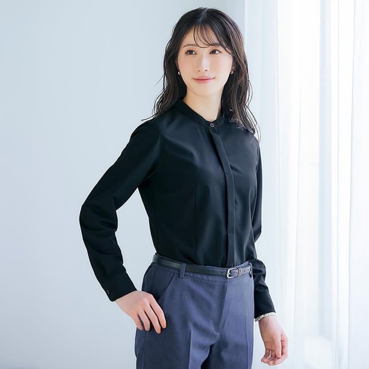 【オフィスブラウス長袖】スタンドカラー「ニット素材 イージーケア」5～23号 ネイビー ブラック色 / 店舗スタッフユニフォーム (IIS634231)