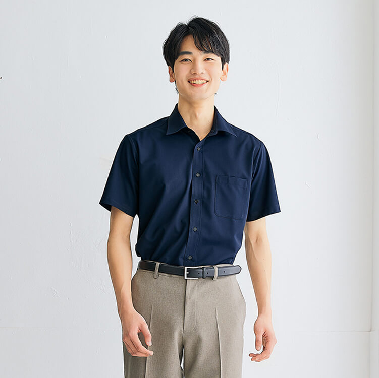 【半袖シャツ メンズ】ノーアイロン「ニット素材  ストレッチ」S～5L ネイビー ブラック色 / サービス業ユニフォーム (IIS634250)