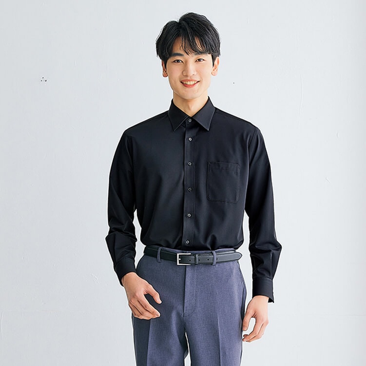 予約販売受付中！【長袖シャツ メンズ】ノーアイロン「ニット素材 ストレッチ」S～5L ネイビー ブラック色 / スタッフ制服