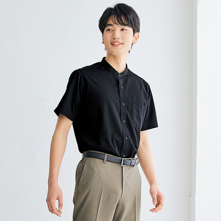【半袖シャツ メンズ】ノーアイロン「スタンドカラー」ストレッチ素材 S～5L ネイビー ブラック色 / スタッフユニフォーム (IIS634252)