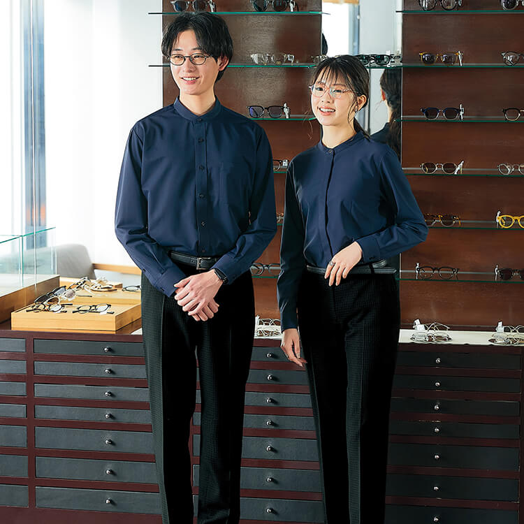シャツ制服長袖－2色展開（黒/ネイビー）・おしゃれなスタンドカラー