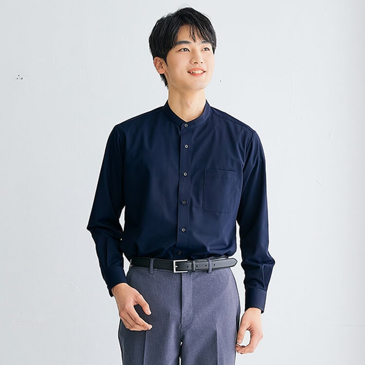 【長袖シャツ メンズ】ノーアイロン「ニット素材 ストレッチ」スタンドカラー S～5L ネイビー ブラック色 / ホテルユニフォーム (IIS634253)