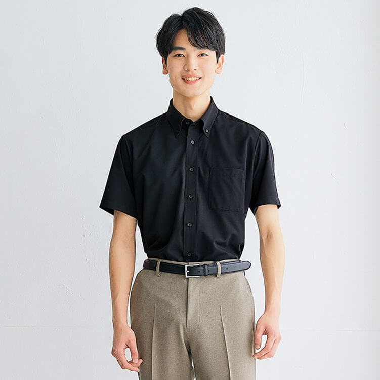 【半袖シャツ メンズ】アイロン不要「ボタンダウン」ニット素材 S～5L ネイビー ブラック色  / ショップ店員ユニフォーム (IIS634260)