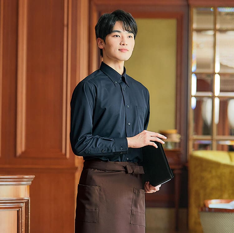 【長袖シャツ制服 メンズ】ボタンダウン「ニット素材 形態安定」ノーアイロン・S～5L ネイビー ブラック色 / ショップ店員ユニフォーム (IIS634261)