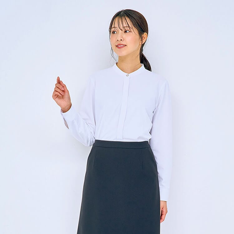 【事務服ブラウス長袖】スタンドカラー「形態安定 ノーアイロン」5～23号 3色 / オフィスユニフォーム