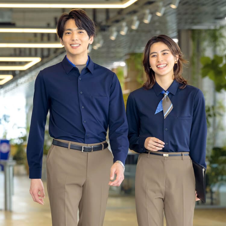 【長袖シャツ 男女兼用】セロリー・防汚「抗菌加工」SS～5L  ネイビー 黒色 / 接客業ユニフォーム