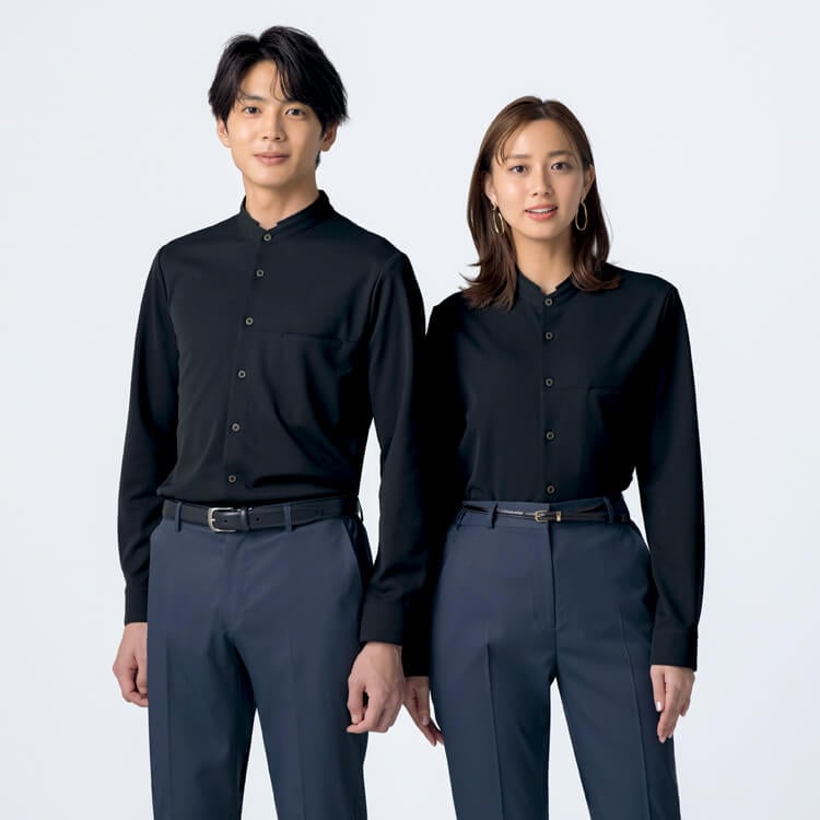【長袖シャツ 男女兼用】バンドカラー「抗菌防臭」ニット素材 SS～5L  ネイビー 黒色 / 店舗制服