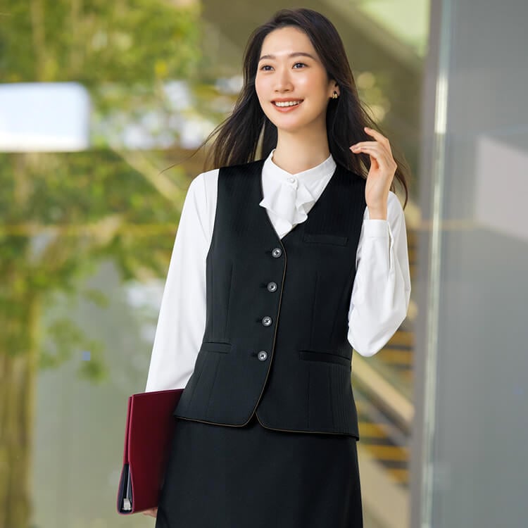 【事務服ベスト】オールシーズン「ニットストレッチ素材」ストライプ 5～23号 2色 /会社制服