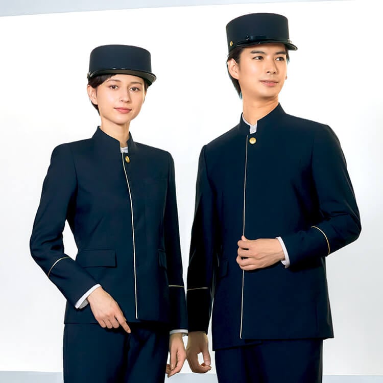 【ホテルドアマン制服 男女兼用】スタンドカラー「ウール40％混素材」YS～4L ネイビー色 / ベルボーイユニフォーム