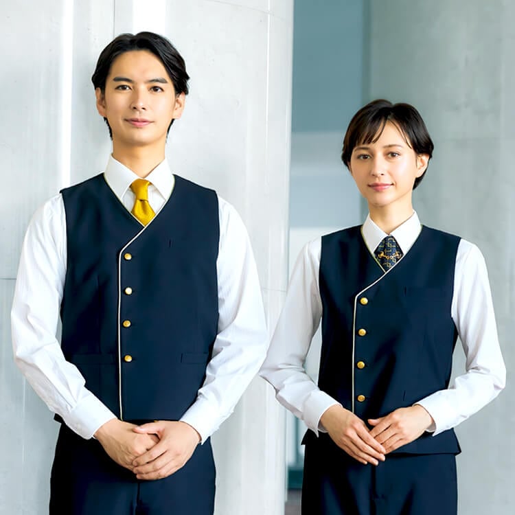 【ホテルユニフォーム ベスト 男女兼用】ストレッチ「ホームウォッシャブル」3S～3L ネイビー色 / レストラン制服